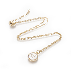 Letter W Brass Initial Pendant Necklaces, with Shell, Cubic Zirconia and 304 Stainless Steel Cable Chains, Flat Round with Letter, Letter.W, 17.5 inch(44.5cm), 1.5mm