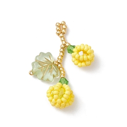 Желтый Подвески из стеклянных бусин в виде ягод и листьев, со стеклом и акрилом, желтые, 35x22x10 мм, отверстие : 2 мм