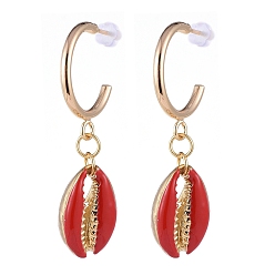 Red Brass Dangle Stud Earrings, with Alloy Enamel Beads and Plastic Ear Nuts, Cowrie Shell Shape, Red, 45~46mm, Pin: 0.8mm