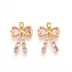 Pink Латунные микро проложить кубического циркония подвески, без кадмия и без свинца, бантом прелести, реальный 18 k позолоченный, розовые, 17.5x13x4.5 мм, отверстие : 5x2.5 мм