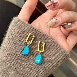 Synthetic Turquoise Synthetic Turquoise Teardrop Dangle Earrings, Alloy Hoop Earrings, Golden, 31.5mm
