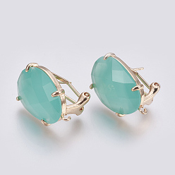 Бирюза Серьги из граненого стекла, с петлей, латунные выводы, овальные, бирюзовые, 20x15.5x6~6.5 мм, отверстия: 1.2 мм, штифты: 0.7 мм