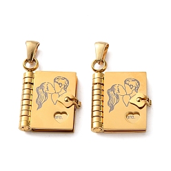 Golden 304 Stainless Steel Pendants, Book with Couple Charms, Polished, Ion Plating(IP), Golden, 25x18x4.5mm, Hole: 5.5x2.5mm