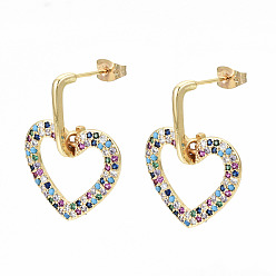 Colorful Brass Micro Pave Cubic Zirconia Dangle Stud Earrings, with Earring Backs, Nickel Free, Heart, Real 16K Gold Plated, Colorful, 27.5mm, Pin: 0.8mm