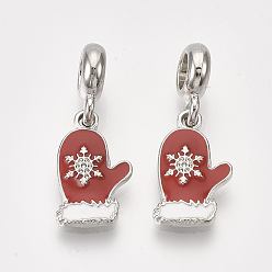 Red Alloy European Dangle Charms, with Enamel, Large Hole Pendants, Glove with Snowflake, Platinum, Red, 28.5mm, Hole: 4.5mm