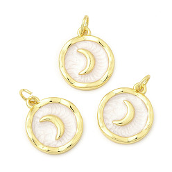 Белый Латунь эмаль подвески, без кадмия, без никеля и без свинца, с прыжковых колец, плоская круглая с лунными подвесками, реальный 18 k позолоченный, белые, 16x13.5x2.5 мм, отверстие : 3.5 мм