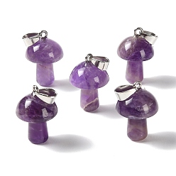 Amethyst Natural Amethyst Pendants, Mushroom Charms, with 304 Stainless Steel Snap on Bails, Stainless Steel Color, 24~25x16mm, Hole: 7.5x4mm