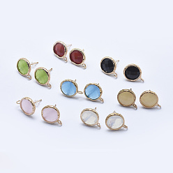 Mixed Color Brass Stud Earring Findings, with Loop, Long-Lasting Plated, with Glass, Faceted, Flat Round, Light Gold, Mixed Color, 18x14mm, Hole: 2mm, Pin: 0.7mm