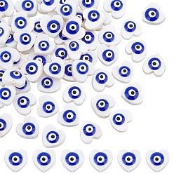 Medium Blue 60Pcs Natural Freshwater Shell Beads, with Enamel, Heart with Evil Eye, Medium Blue, 9~10x9.5~11x4mm, Hole: 0.8mm
