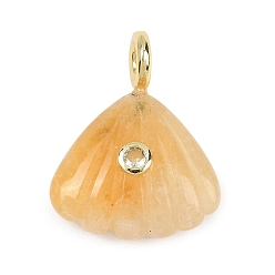 Желтый авантюрин Резные подвески из натурального желтого авантюрина, подвески в форме ракушки с кубическим цирконием и латунной фурнитурой, золотые, стойки покрытие, 28x22x8 мм, отверстие : 4 мм