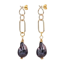 Prussian Blue Brass Dangle Stud Earrings, with Ear Nuts, 925 Sterling Silver Pins, Natural Baroque Pearl Keshi Pearl Beads and Cardboard Boxes, Golden, Prussian Blue, 55~60mm, Pin: 0.8mm