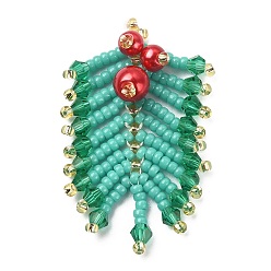 Medium Turquoise MIYUKI Rocailles Beaded Pendents, with Glass Pearl Round Beaded, Leaf Charms, Medium Turquoise, 36~38x25~27x8mm, Hole: 0.7mm