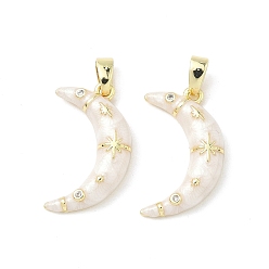 Белый Латунь микропаве фианиты с подвесками из эмали, луна, реальный 18 k позолоченный, белые, 21x13x4 мм, отверстие : 2.4x4.5 мм