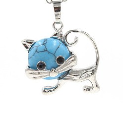 Synthetic Turquoise Synthetic Turquoise Pendants, with Platinum Plated Brass Findings, Cat Shape Charms, 35x29x10mm