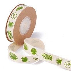 Leaf Single Face Cotton Printed Satin Ribbon, Lawn Green, Leaf Pattern, 5/8 inch(15mm), about 10.93 yards (10m0/roll