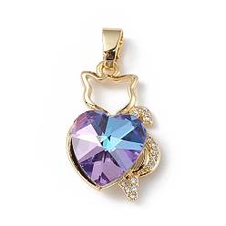 Colorido Colgantes de circonita cúbica transparente micro pavé de latón chapado en oro real 18k, con vidrio, larga duración plateado, sin plomo y cadmio, encanto de gato con corazón, colorido, 24x15x8 mm, agujero: 5x3 mm
