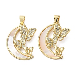 Бабочка Латунные микро проложить кубического циркония подвески, с оболочкой, Луна прелести, реальный 18 k позолоченный, стойки покрытие, прочное покрытие, без кадмия и без свинца, бабочка, 27x21.5x3 мм, отверстие : 3.5x3.5 мм