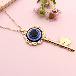 Key Golden Alloy Evil Eye Pendant Necklaces, Key, 19.69 inch(50cm)