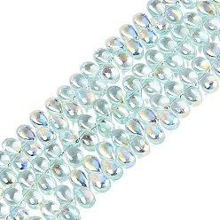 Cyan Clair Plaquent verre transparent perles brins, larme, de couleur plaquée ab , demi-plaqué, top foré, cyan clair, 8.5~9x5.5~6x5~6mm, Trou: 0.8~0.9mm, Environ 95~101 pcs/chapelet, 11.81~13.39 pouce (30~34 cm)