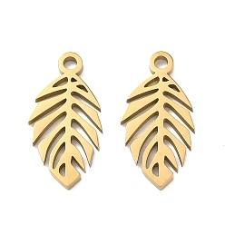 Chapado en Oro Real 18K 304 colgantes de acero inoxidable, encantos de la hoja, revestimiento de iones (ip), real 18 k chapado en oro, 19x10x1.3 mm, agujero: 1.8 mm