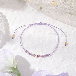 Аметист Натуральные круглые аметистовые бусины плетеные браслеты из бусин для женщин, с регулируемой плетеной нейлоновой нитью и стеклянными бусинами, граненые, внутренний диаметр: 3 дюйм (7.6 см)