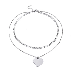Stainless Steel Color Non-Tarnish 304 Stainless Steel Double Layer Necklaces, with Figaro Chains & Box Chains, Heart, Stainless Steel Color, 17.72 inch(45cm)