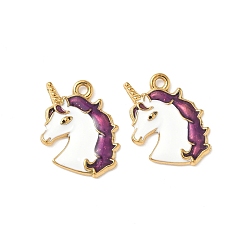 Фиолетовый 304 нержавеющей стальной эмали подвески, ионное покрытие (ip), прелести единорога, золотые, фиолетовые, 18.5x16x2 мм, отверстие : 1.6 мм