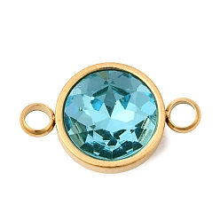 Небесно-голубой 304 Нержавеющая сталь с ограненными звеньями из стекла с камнем рождения, плоскими круглыми подвесками-коннекторами, золотые, ионное покрытие (ip), голубой, 9 мм, отверстие : 19.5x12x7 мм