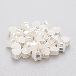 Серебро Экологически чистые пластиковые гайки для ушей, спинки для серьги, с 304 фурнитурой из нержавеющей стали, сердце, белые, серебряные, 5.5x6x5~5.5 мм, отверстие : 1.2~1.4 мм