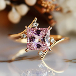 Perlas de Color Rosa Anillos abiertos tipo brazalete de latón con circonitas cúbicas engastadas, rombo, rosa perla, tamaño de EE. UU. 7 (17.3 mm)