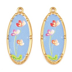 Chapado en Oro Real 18K 304 colgantes de acero inoxidable, óvalo con dijes de flores, revestimiento de iones (ip), colorido, real 18 k chapado en oro, 34x15x2.5 mm, agujero: 1.8 mm