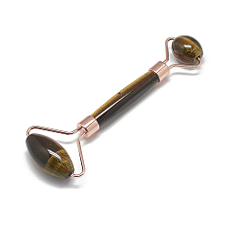 Tiger Eye Natural Tiger Eye Massage Tools, Facial Rollers, with Brass Findings, Rose Gold, 13.5~15.3x4~6x2~2.05cm