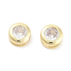 Clear Brass with Single Cubic Zirconia Slide Charms, Flat Round, Real 18K Gold Plated, Clear, 5.5x3.5mm, Hole: 3x0.6mm