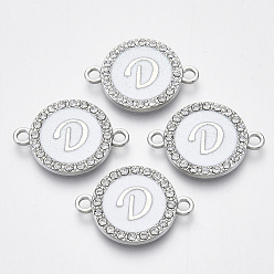 Letter D Verbindungsstücke aus Aluminium, mit Kristall Strass, flach rund mit Brief, Silberfarbe überzogen, letter.d, 22x16x2 mm, Bohrung: 1.8 mm