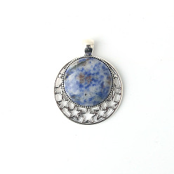 (306FM) Жонкиль матовый с лаймовой подкладкой Натуральные синие пятна яшмы подвески, плоский круг с луной и звездой, 35 мм