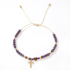 Темно-синий  Шифер Браслеты из латуни и сплавов с подвесками, стеклянные бусины плетеные браслеты из бисера для женщин, крест и сердце, темный сланец синий, 11.02 дюйм (28 см)