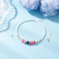 Разноцветный Стеклянные бусины плетеные браслеты из бисера, Браслеты из плетеных бусин от сглаза из смолы и полимерной глины для женщин, красочный, внутренний диаметр: 2-1/8~4 дюйм (5.5~10.2 см)