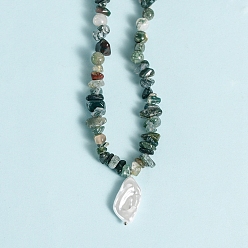 Moss Agate Natural Moss Agate  Necklaces, with Alloy Charms, Nuggets, 14.57 inch(37cm)