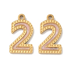 Настоящее золото 18K 304 нержавеющей стальной эмали подвески, ионное покрытие (ip), число 2 прелести, с блеском порошок, реальный 18 k позолоченный, 14~14.5x7.5~9x1.3 мм, отверстие : 1.3 мм