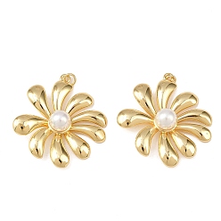 Настоящее золото 18K Латунные подвески, цветок, с жемчужинами из АБС-пластика и соединительными кольцами, без свинца и без кадмия, долговечный, стойки покрытие, реальный 18 k позолоченный, 35x32x9.5 мм, отверстие : 3.5 мм, Перейти кольцо: 5x0.8 мм