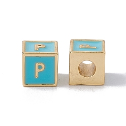 Letter P Стойки покрытие латунь эмаль бисер, без кадмия, без никеля и без свинца, реальный 18 k позолоченный, куб с письмом, голубой, letter.p, 6x6x6 мм, отверстие : 2.5 мм