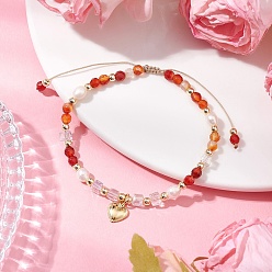 Красный Агат Натуральные круглые бусины сердолика плетеные браслеты из бусин для женщин, с натуральным культивированным пресноводным жемчугом и гальванизированными стеклянными бусинами и 304 подвесками в виде сердечек из нержавеющей стали, внутренний диаметр: 2~3-3/8 дюйм (5~8.5 см)