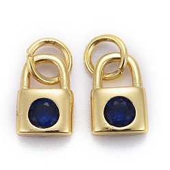 Medium Blue Brass Micro Pave Cubic Zirconia Pendants, Long-Lasting Plated, Golden, with Jump Rings, Lock, Medium Blue, 9x6x2.5mm, Hole: 3mm
