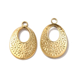 Настоящее золото 18K Ионное покрытие (ip) 304 кулон из нержавеющей стали, овал с цветочной подвеской, реальный 18 k позолоченный, 26x17x2.5 мм, отверстие : 3 мм