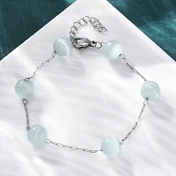 Бледно-бирюзовый 304 трос из нержавеющей стали цепи браслеты, браслеты из кошачьего глаза для женщин, бледные бирюзовая, 7-1/4 дюйм (18.3 см)