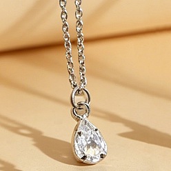 Platinum Brass Pave Clear Cubic Zirconia Teardrop Pendant Necklaces for Women, Platinum, 17.72 inch(45cm), Pendant: 10x5mm