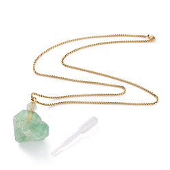 Golden Natural Fluorite Openable Perfume Bottle Pendant Necklaces, with 304 Stainless Steel Box Chains and Plastic Dropper, Nuggets, Golden, 27.75 inch(70.5cm), Bottle Capacity: 2~3ml(0.06~0.1 fl. oz)