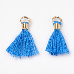 Озёрно--синий Кулон с кисточкой из поликоттона (полиэстер), мини-кисточка, с латунными застежками и железными кольцами, золотой свет, Плут синий, 10~15x3~4 мм, отверстие : 2 мм