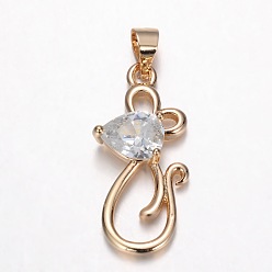 Light Gold Латунные микро проложить кубического циркония подвески, мышь, золотой свет, 24.5x11x4.5 мм, отверстие : 4x4 мм