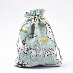 Бледно-бирюзовый Набивные мешочки из поликоттона (полиэфирного хлопка), шнурок сумки, зуни медведь узор, бледные бирюзовая, 17.5~18x12.7~13 см